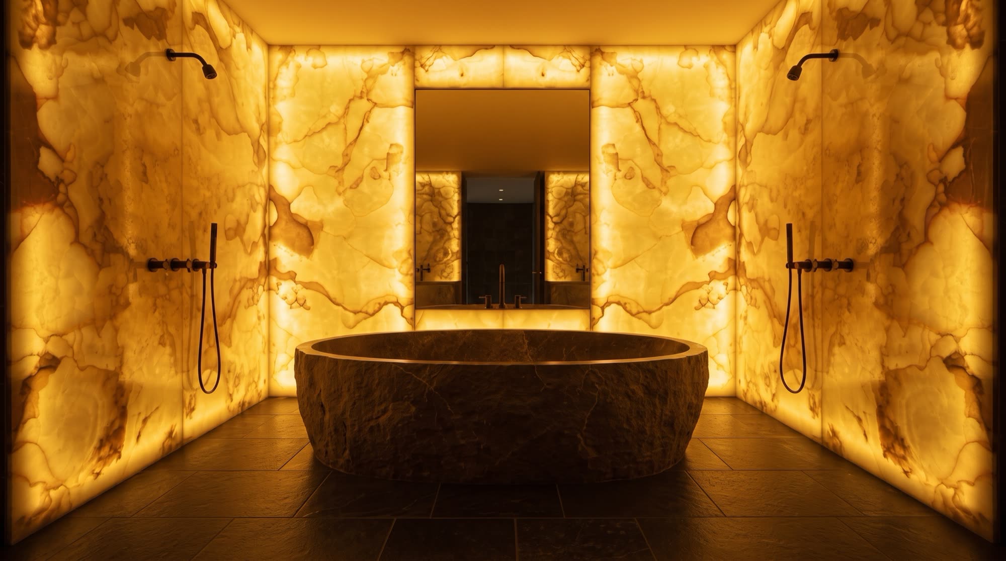 Il bagno padronale della visione di Montecarlo: pareti in onice miele retroilluminato e vasca monolitica scavata dal pieno al centro della stanza