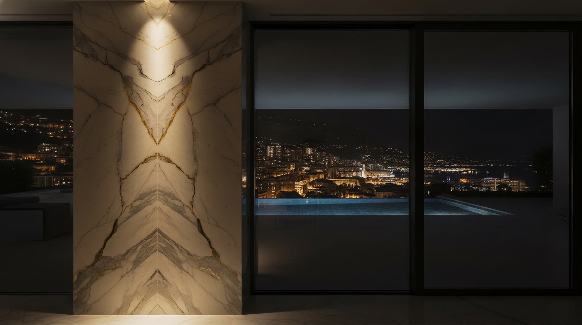 Visione di progetto: attico sul porto di Montecarlo con saloni in Calacatta Oro e piscina a sfioro verso il mare