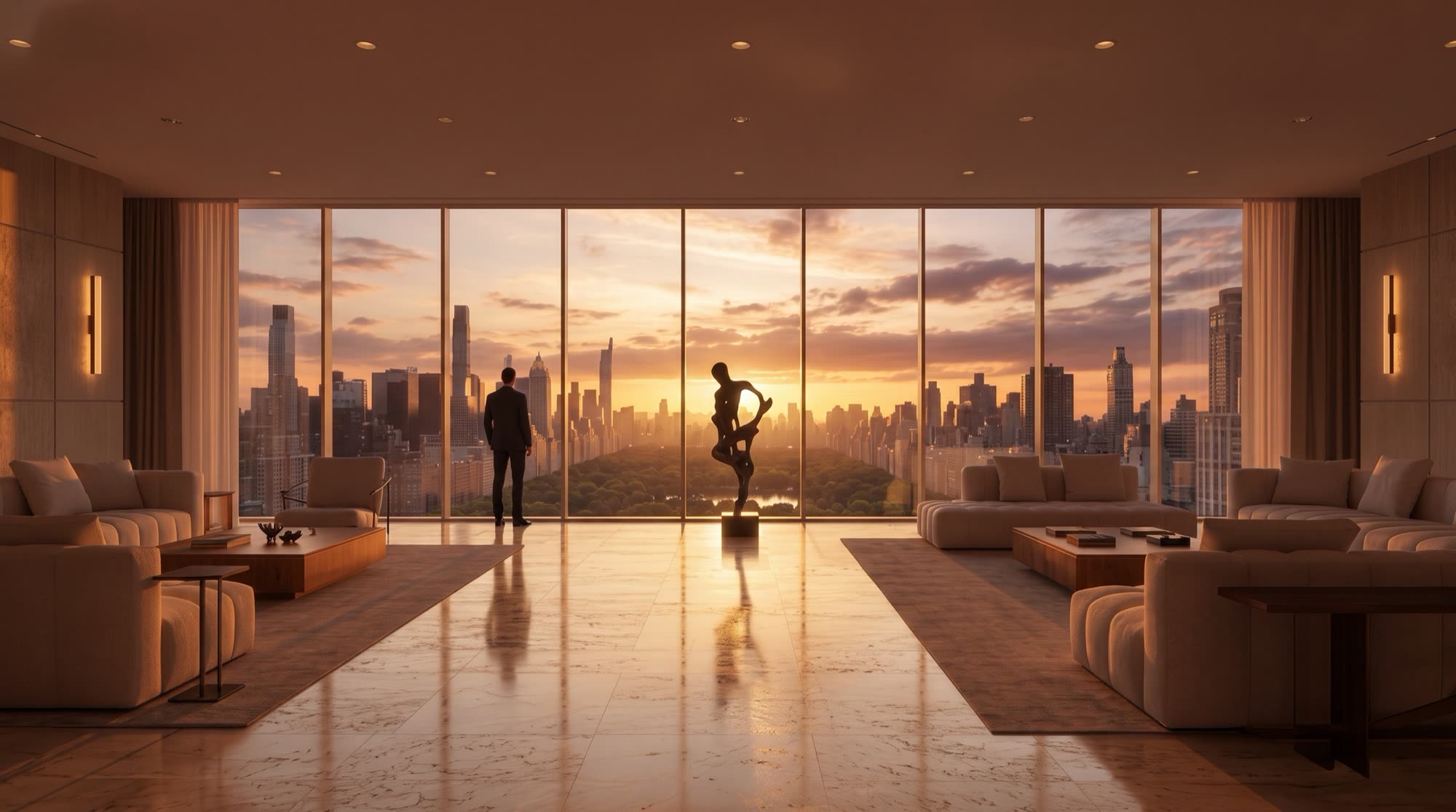 Salone con vetrata a tutta altezza su Central Park al tramonto e pavimento in travertino romano, una visione Michelessi