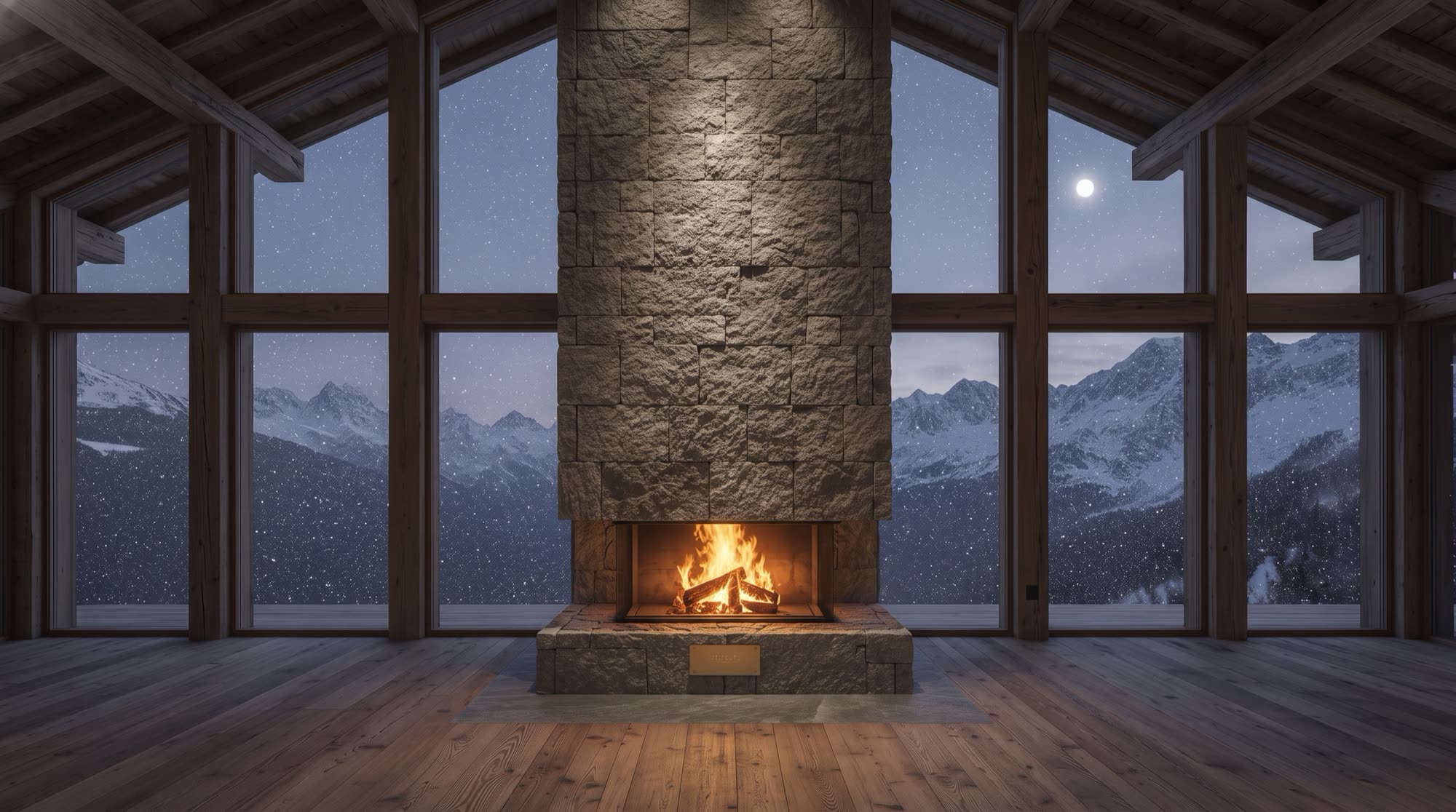 Il salone dello chalet: il camino monumentale in pietra di Luserna a spacco sale fino alle travi di larice antico, il fuoco acceso nella penombra, una visione Michelessi