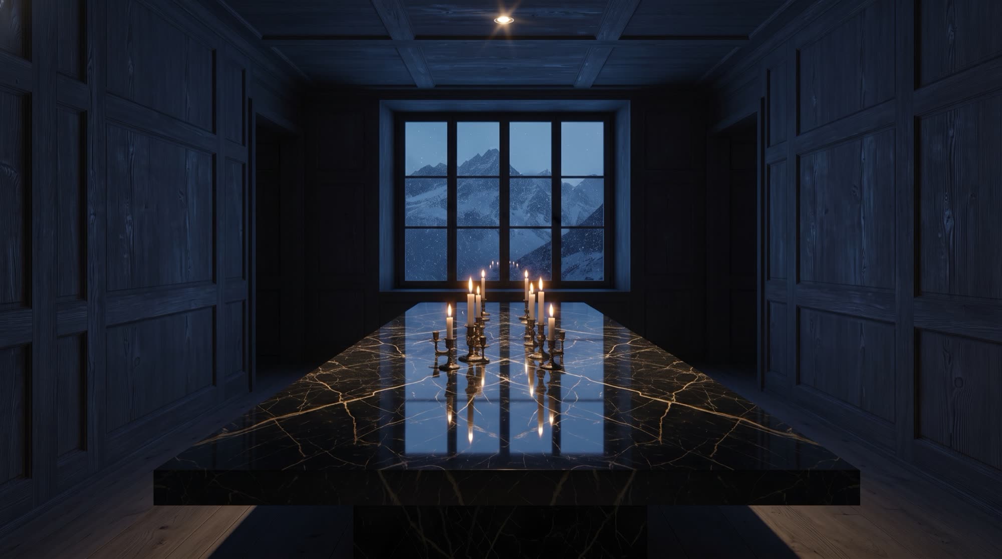 La sala da pranzo: il tavolo monolitico di quattro metri in marmo Port Laurent nero a vene d&rsquo;oro sotto un unico fascio di luce, la neve oltre la finestra, una visione Michelessi
