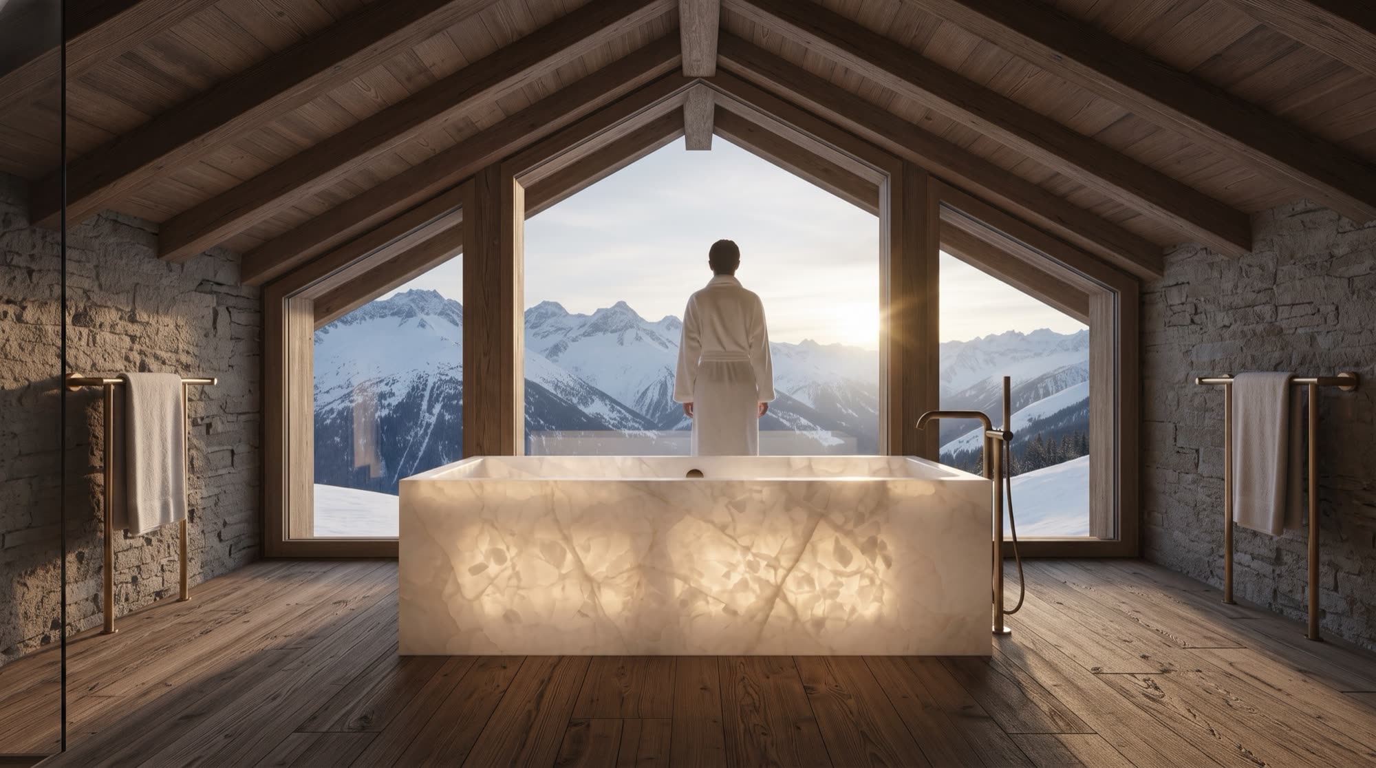 Il bagno padronale sotto la falda del tetto: la vasca scolpita in un unico blocco di quarzite Cristallo davanti alla vetrata sulle cime innevate, all&rsquo;alba, una visione Michelessi
