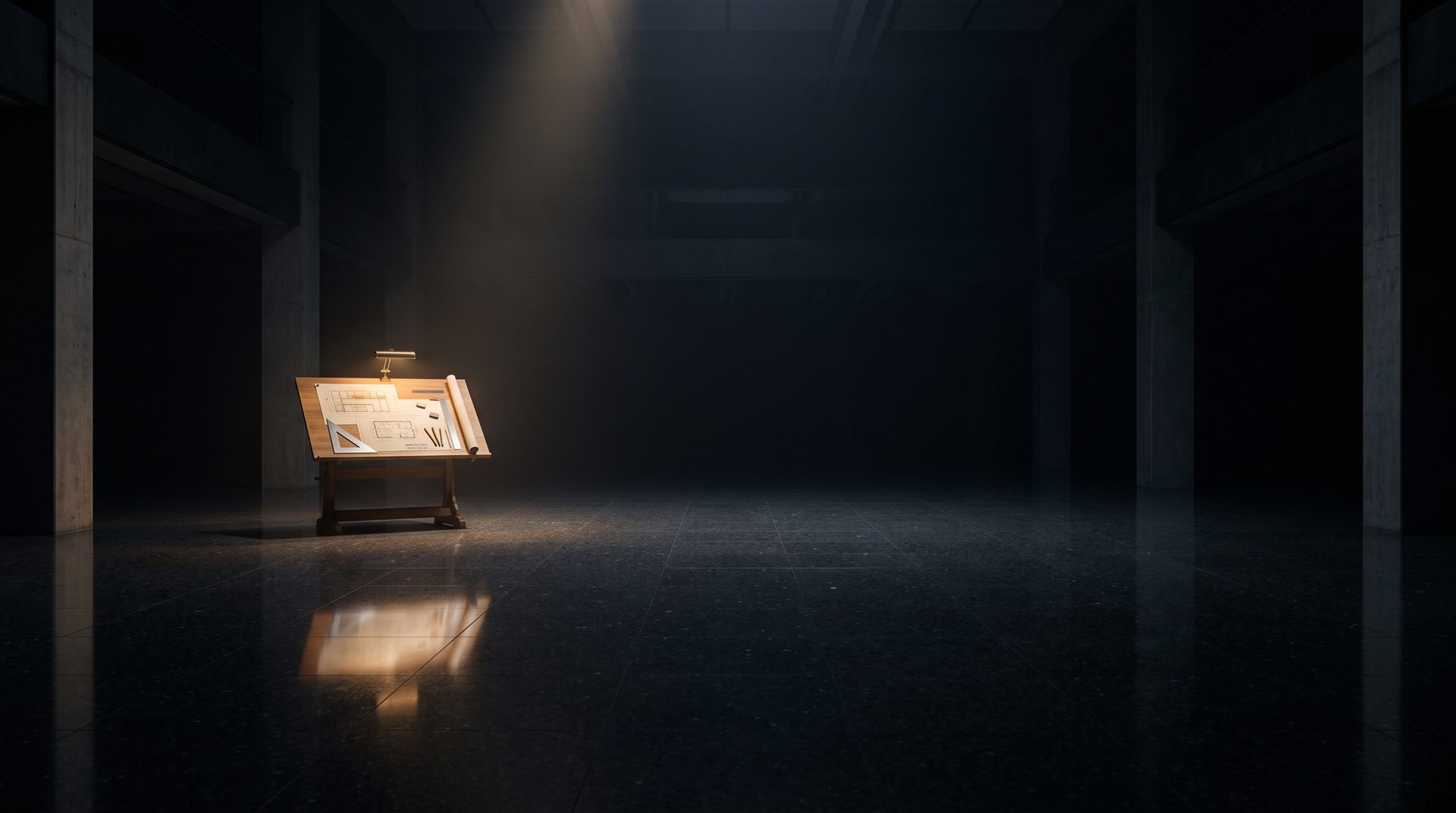 La sala vuota nella penombra: solo il tavolo da disegno con la lampada d’ottone accesa