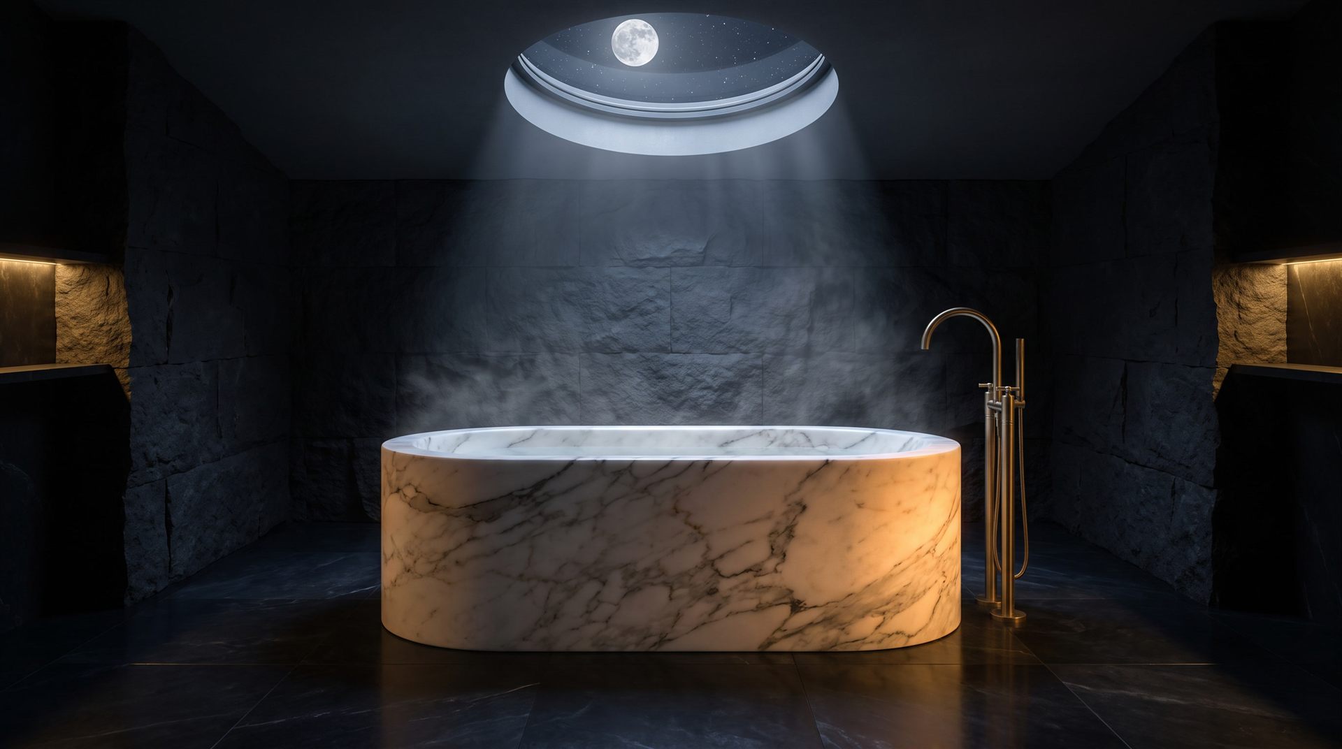 Visione di progetto: vasca monolitica scavata in un unico blocco di marmo Calacatta sotto un lucernario rotondo aperto sulla luna piena, pareti in pietra scura a spacco e rubinetteria d'ottone