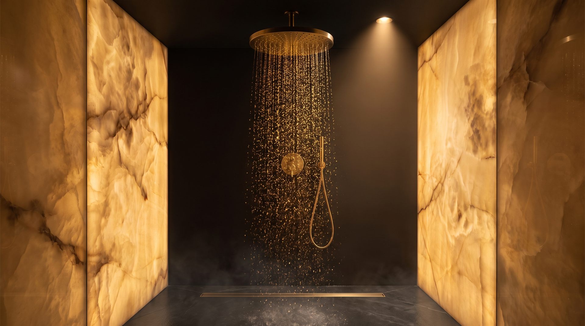 Visione di progetto: doccia con pareti in onice miele retroilluminato che brillano d'ambra, soffione d'ottone da cui scende una pioggia di gocce dorate nel buio