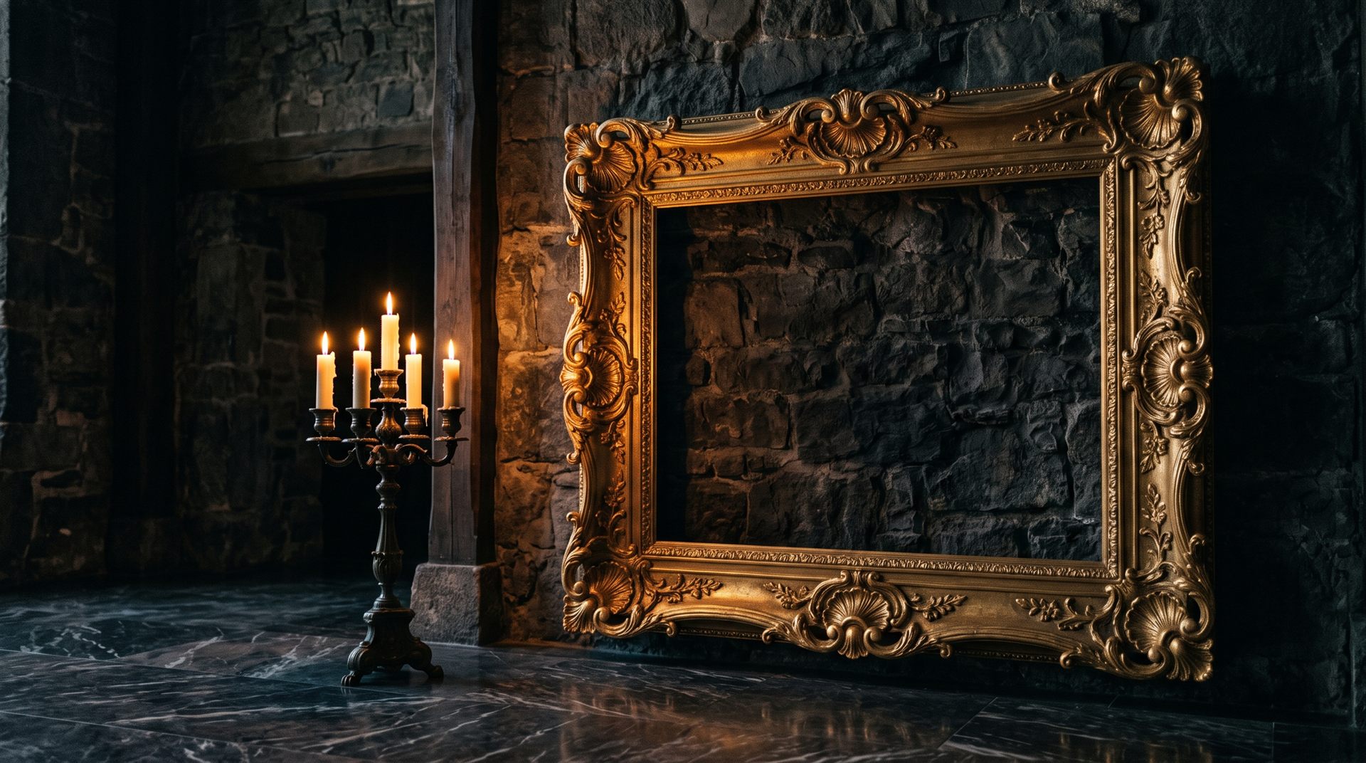 Visione di progetto: monumentale cornice barocca dorata contro una parete di pietra scura, illuminata da un candelabro acceso sopra un pavimento di marmo nero venato
