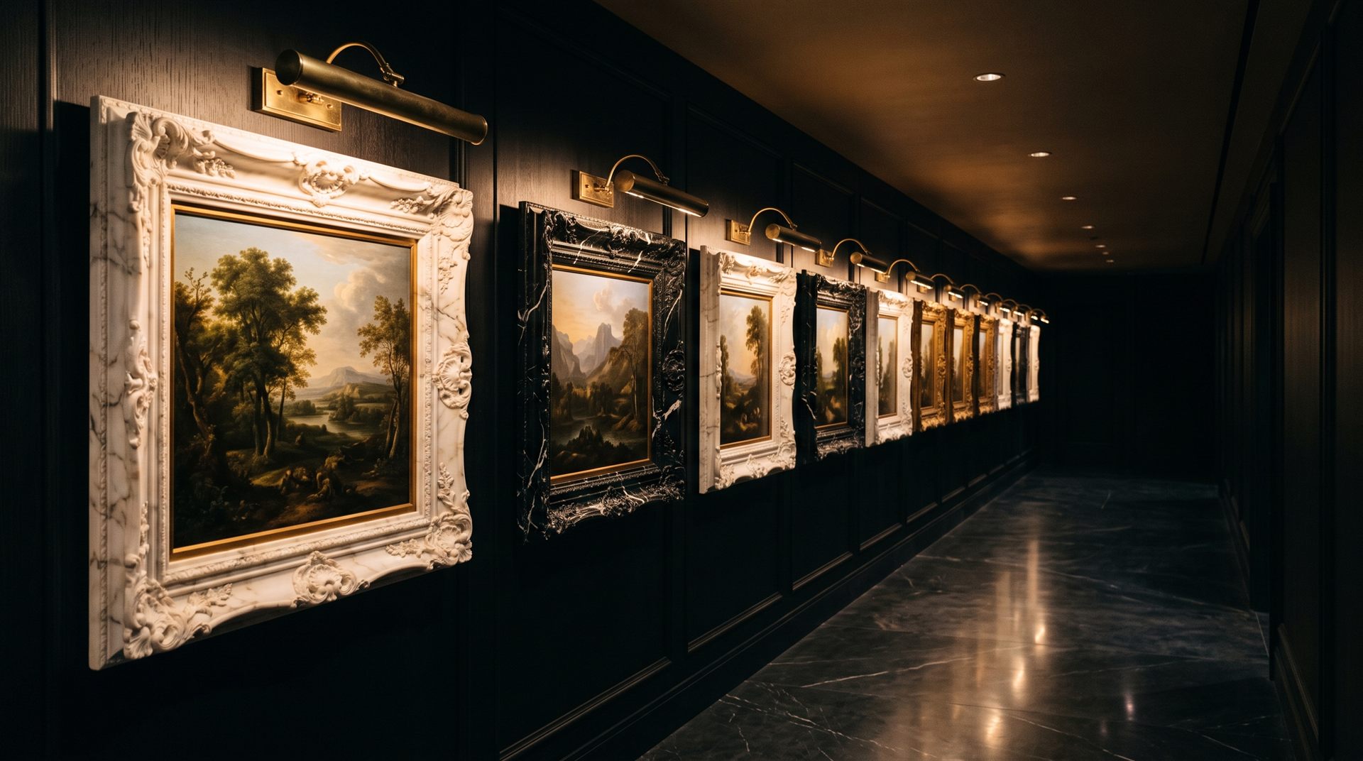 Visione di progetto: galleria notturna di quadri con cornici in marmo Calacatta e Nero Marquinia, illuminati a uno a uno da lampade d'ottone