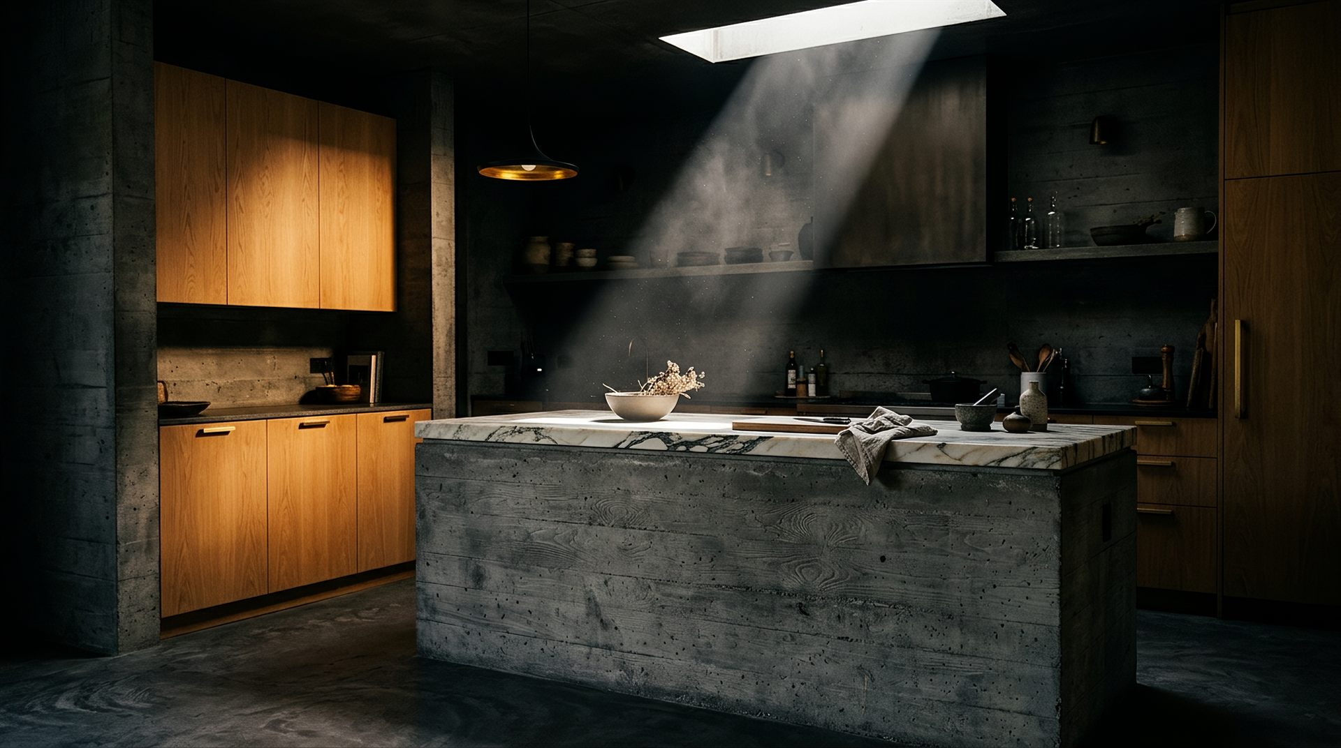 Visione di progetto: cucina in pietra refrattaria a vista e rovere naturale, con una lama di luce che scende dal lucernario sull'isola col piano in marmo venato