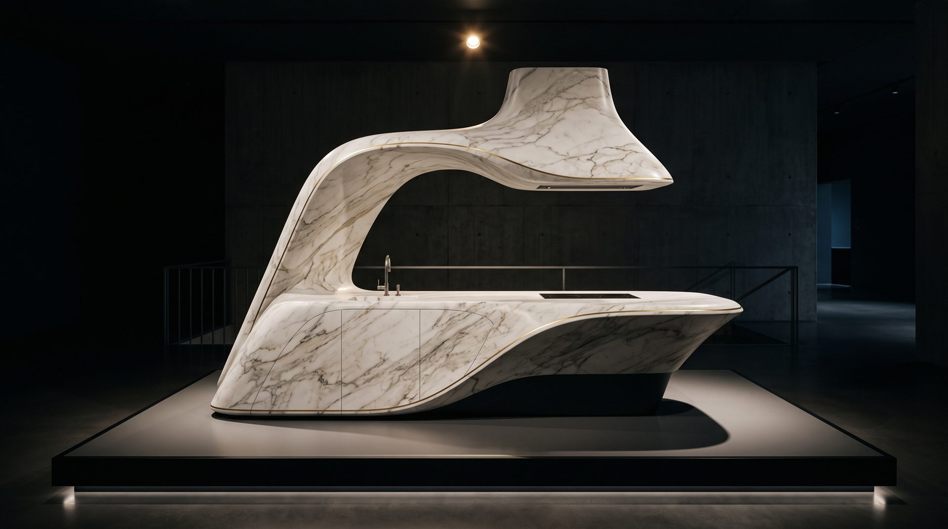 Visione di progetto: cucina-concetto scultorea in marmo Calacatta con isola e cappa in un solo gesto, esposta su una pedana illuminata come un pezzo da museo