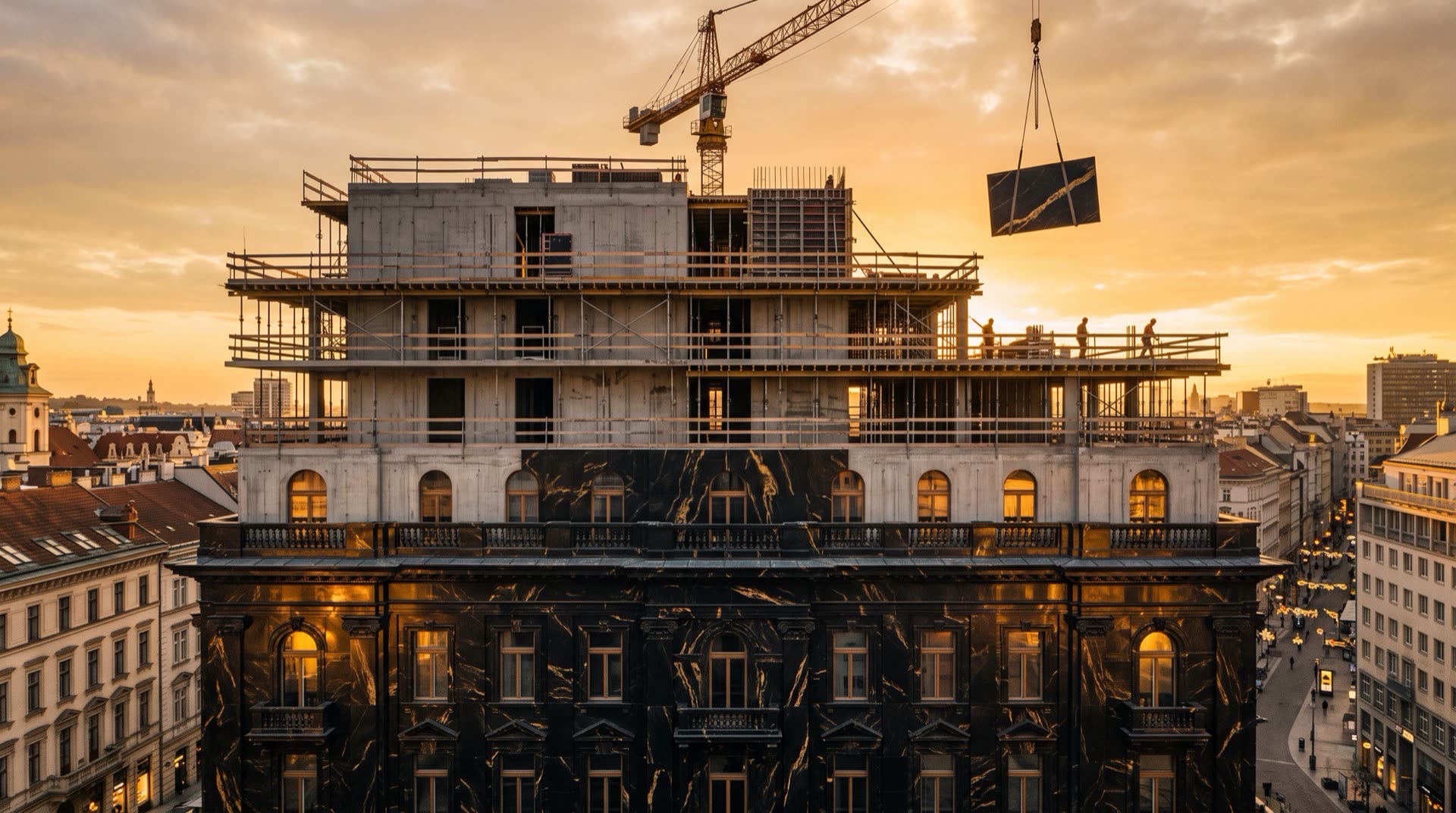 Visione di progetto: palazzo d&rsquo;epoca a met&agrave; vestizione, i piani bassi gi&agrave; rivestiti di Portoro nero venato d&rsquo;oro e la gru che issa una lastra nell&rsquo;ora dorata