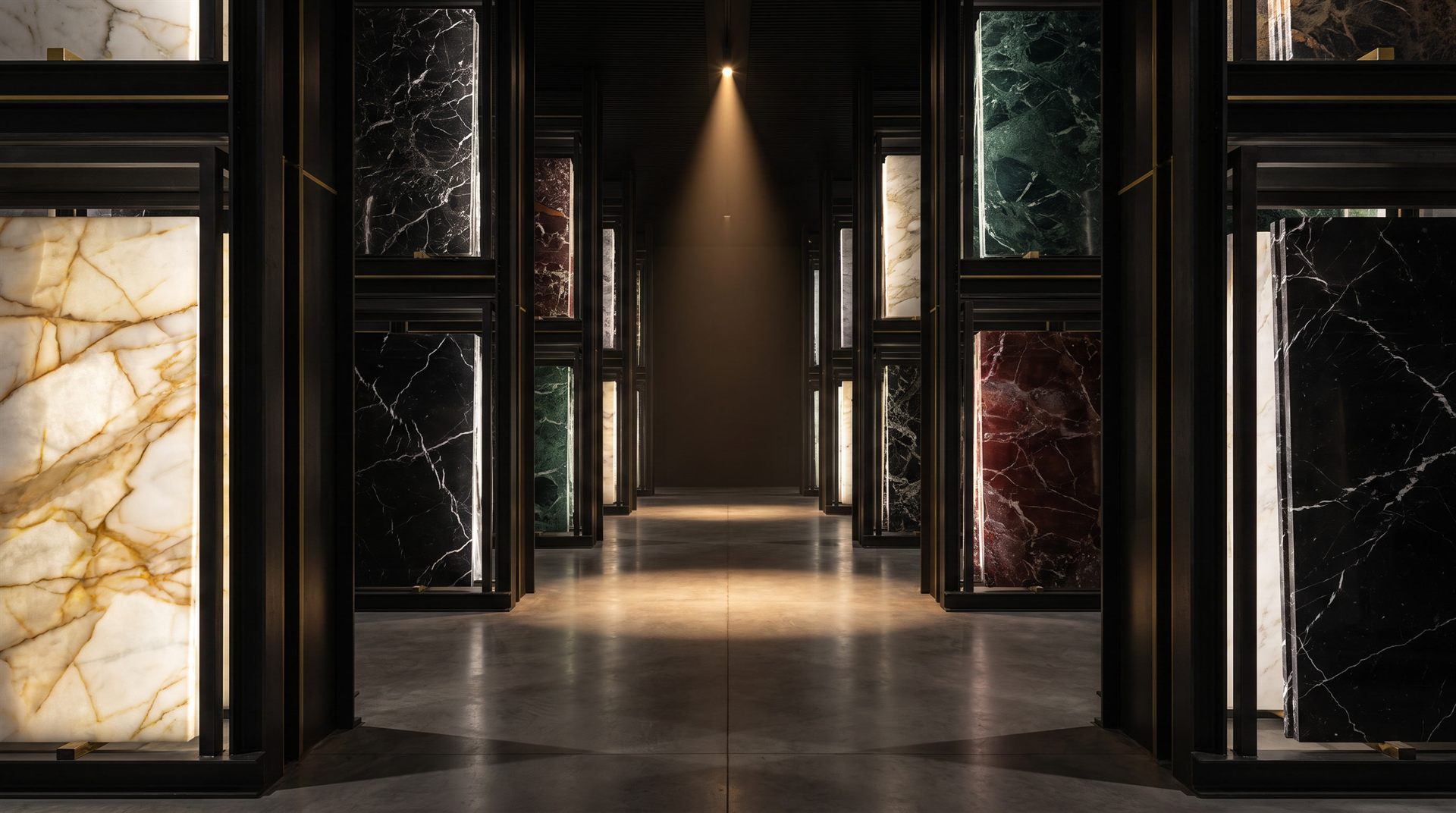 Visione di progetto: biblioteca verticale di lastre giganti di marmo illuminate come vetrate in una galleria buia