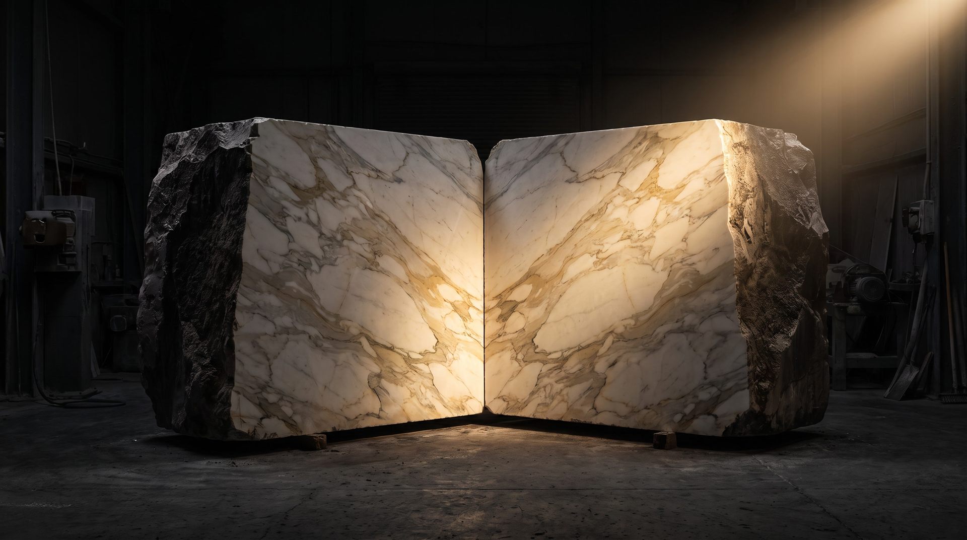 Visione di progetto: blocco di marmo appena segato e aperto a libro, con la venatura specchiata in perfetta simmetria