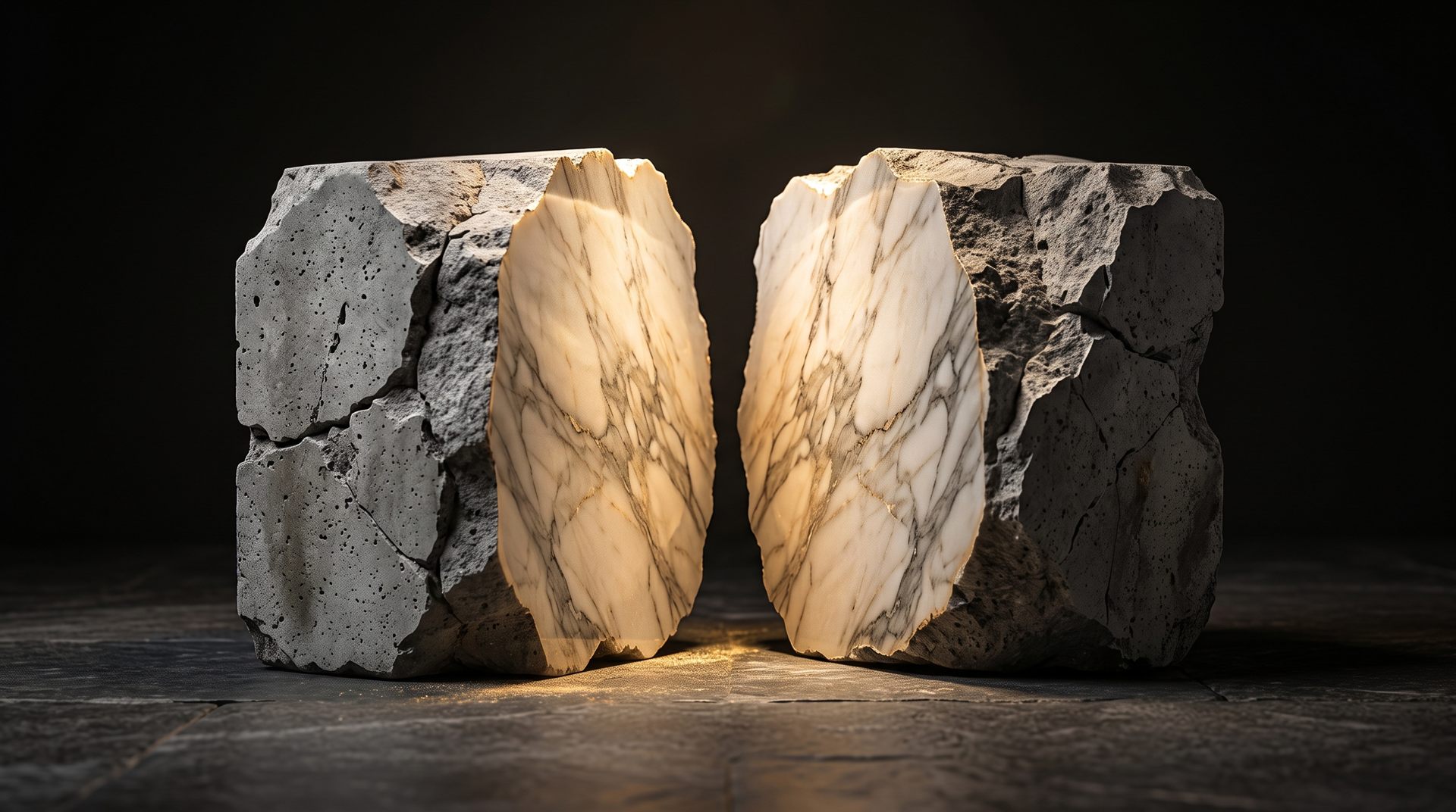 Visione di progetto: blocco di graniglia di marmo grezzo spaccato in due che rivela l'anima interna levigata attraversata da venature naturali