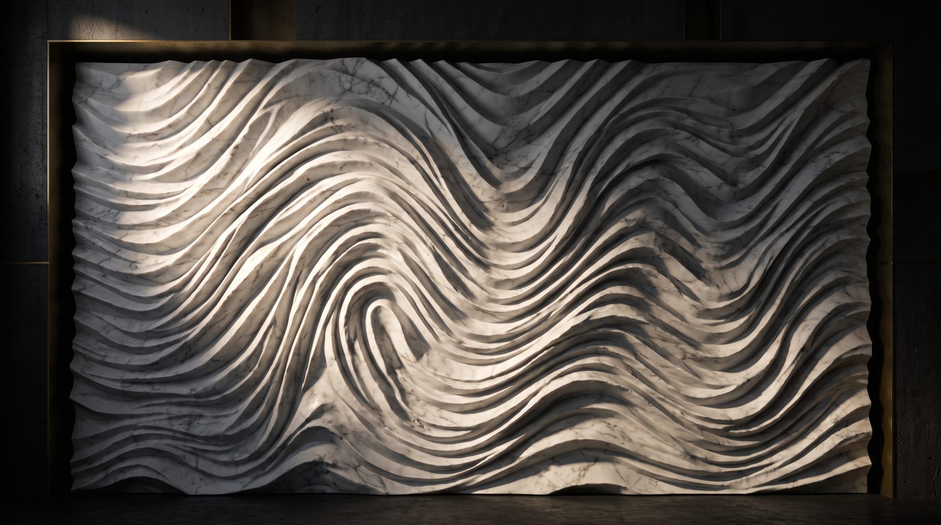 Visione di progetto: parete tridimensionale in marmo bianco scolpita a onde profonde, rivelata da una luce radente dentro una cornice d'ottone