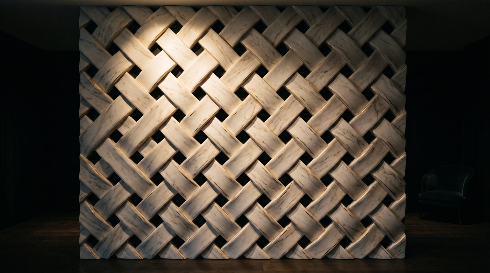 Visione di progetto: parete in marmo bianco venato scolpita a intreccio tridimensionale che pare un tessuto, illuminata da un solo faro caldo