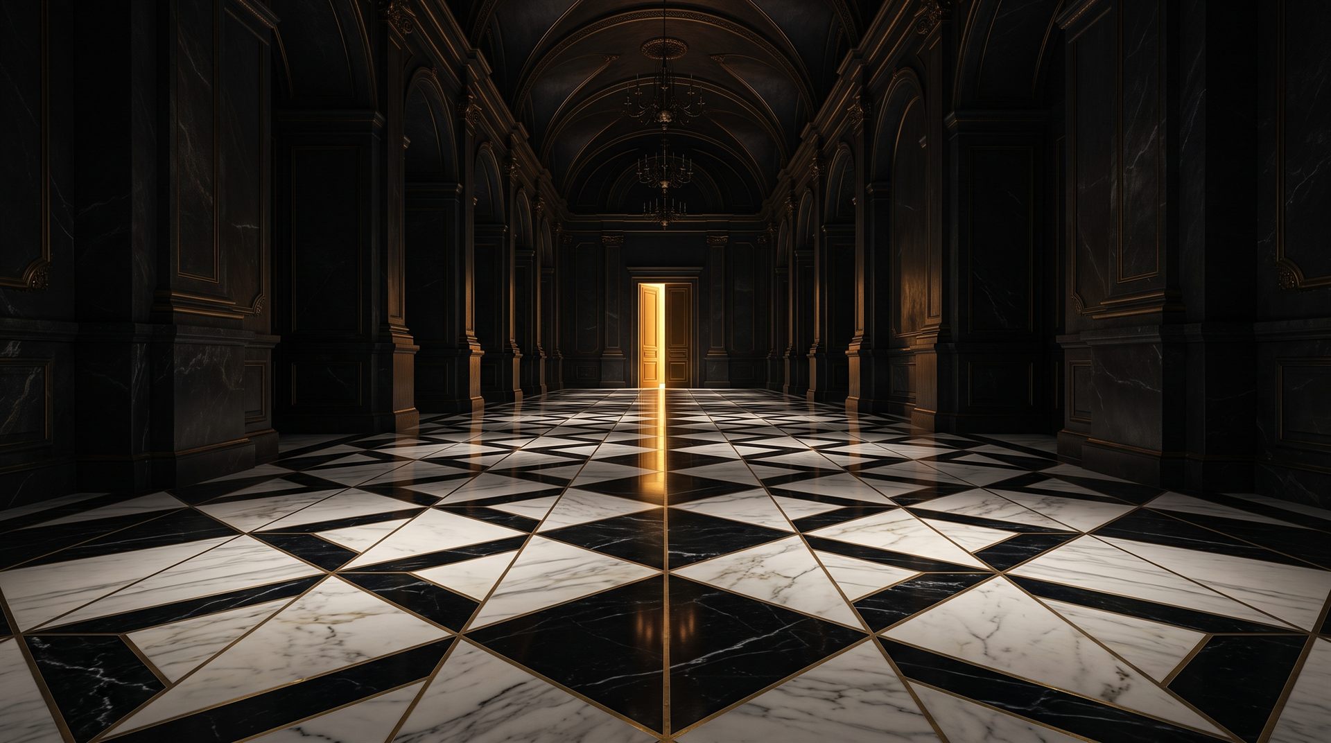 Visione di progetto: galleria buia con pavimento a losanghe in marmo Calacatta e Nero Marquinia bordate d'ottone, in prospettiva verso una porta illuminata d'oro