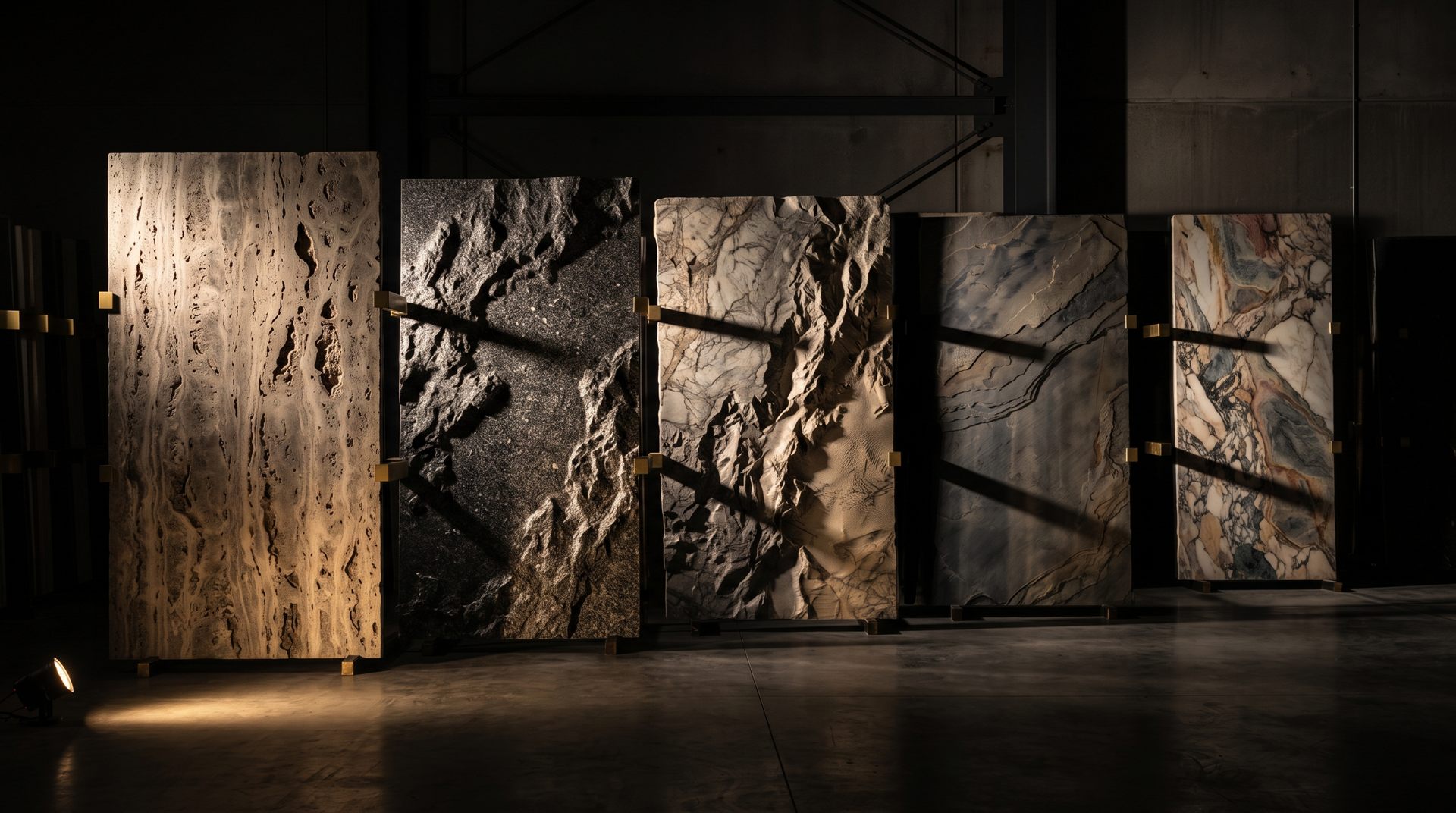 Design vision: natural stone slabs in raking light, their texture surfacing like a landscape of canyons and dunes