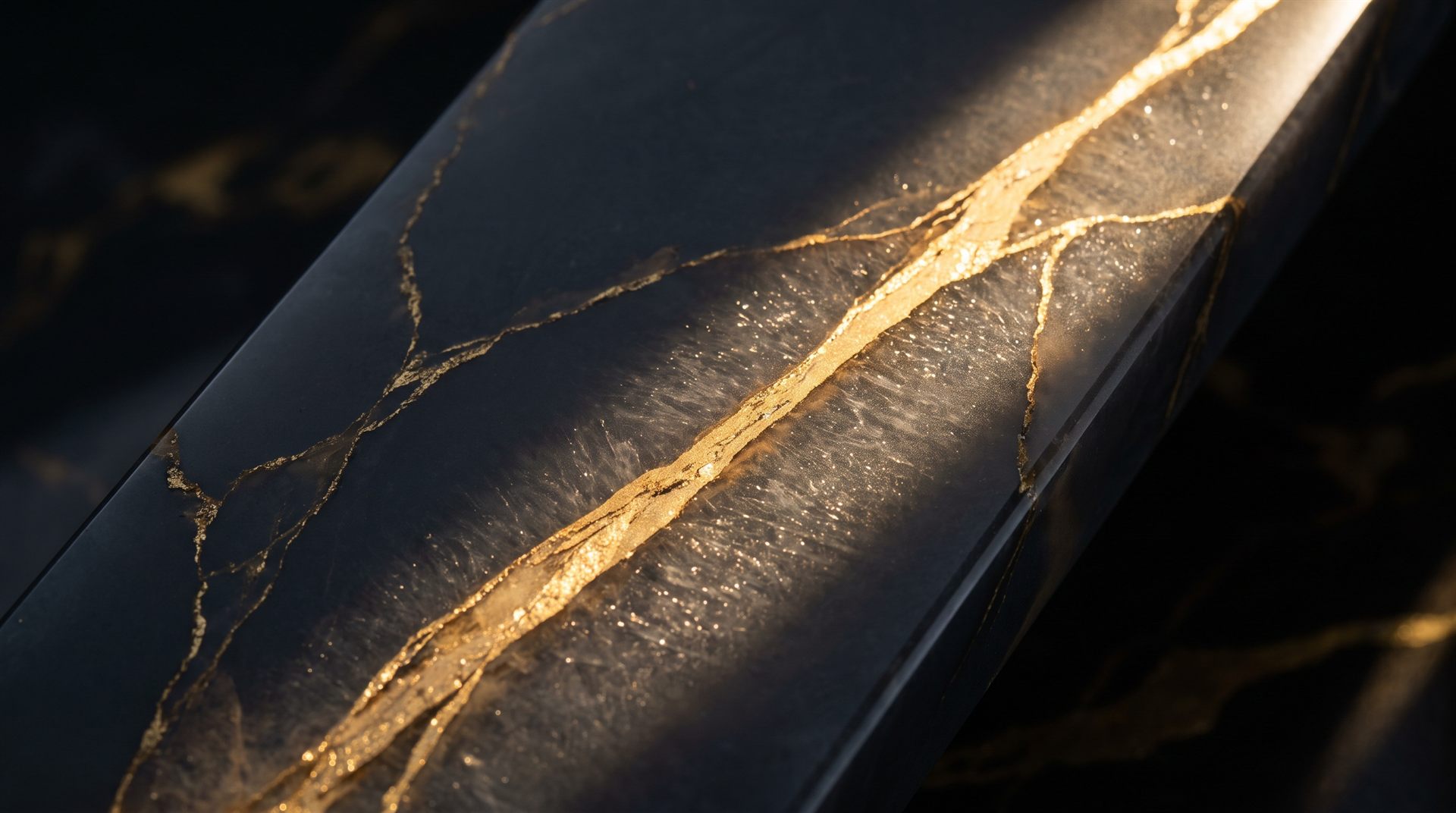 Visione di progetto: macro di lastra in quarzo venato oro lucidata a specchio, con la luce radente che scorre lungo la venatura dorata