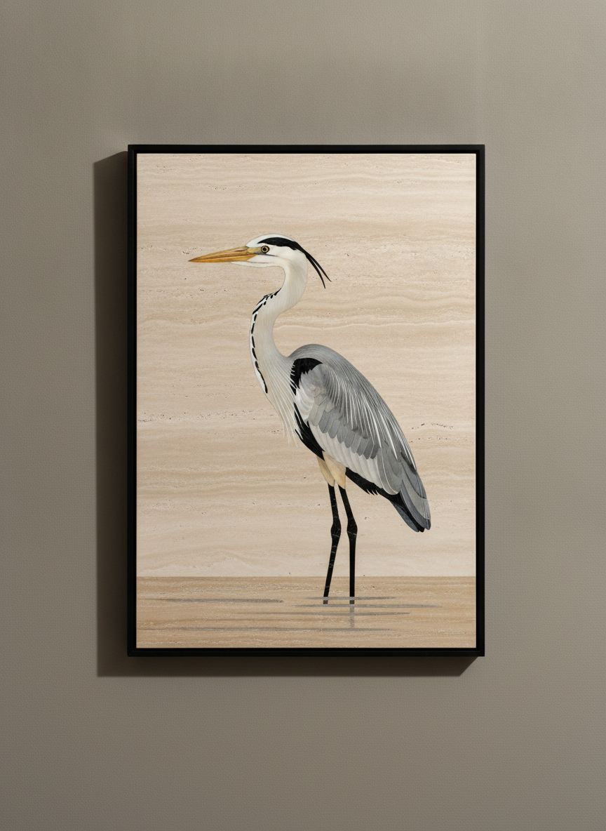 Quadro in Intarsio Airone al Guado in marmi assortiti