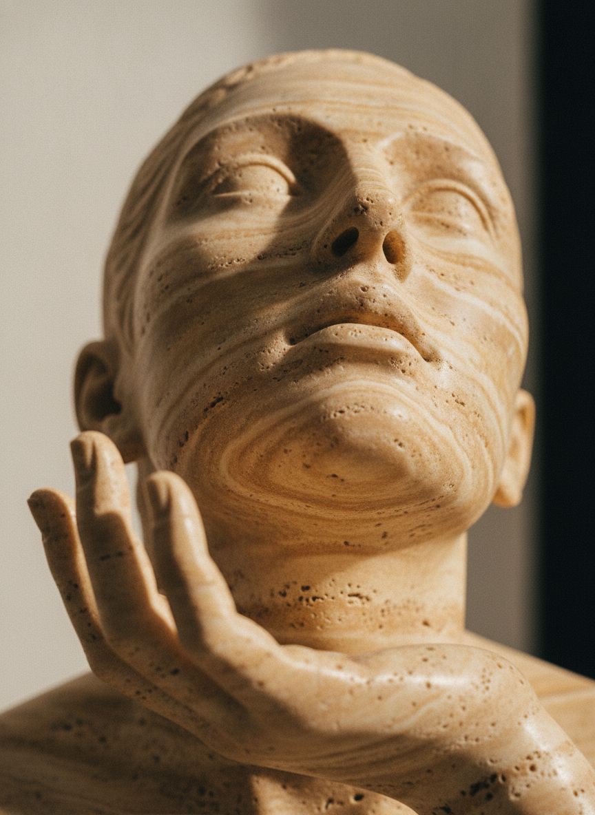 Scultura Bambino e Aquilone in travertino, dettaglio